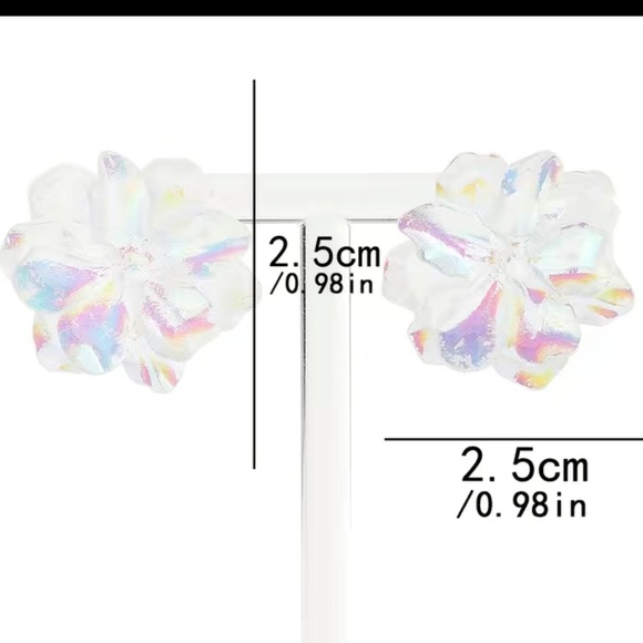Camellia Iridescent Flower Resin Stud Boho, Holiday Crystal Luxury Earrings - Picture 5 of 10